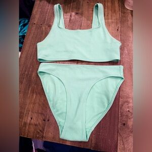H&M Mint Green Textured Bikini Set Petite XS/S High Waisted Scoop Neck Swim